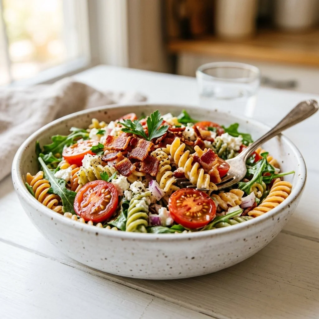 A vibrant bowl of BLT Pasta Salad with fresh tomatoes, lettuce, and crispy bacon.