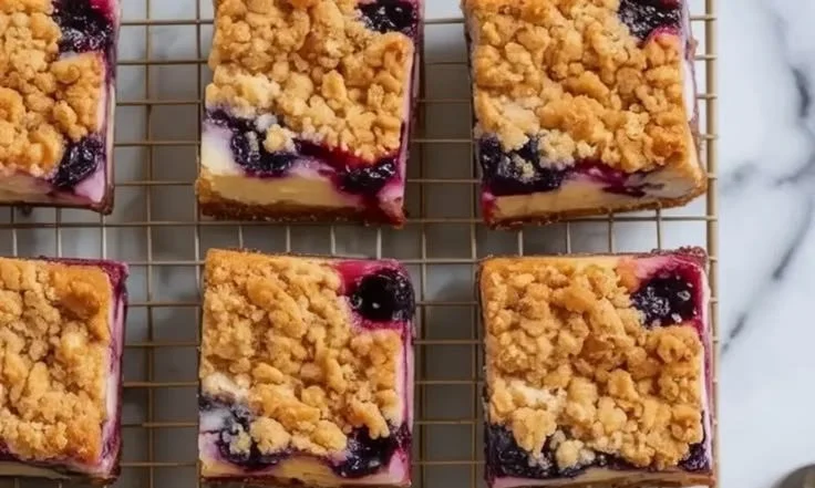 Blueberry Cheesecake Crumb Bars topped with fresh blueberries and crumbly crust.