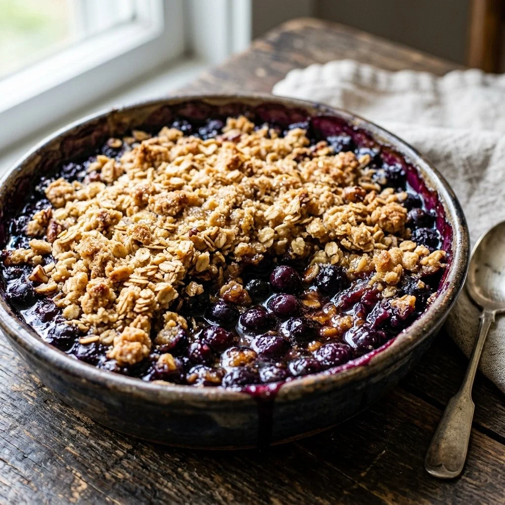 Delicious homemade blueberry crisp with crispy oat topping and fresh blueberries