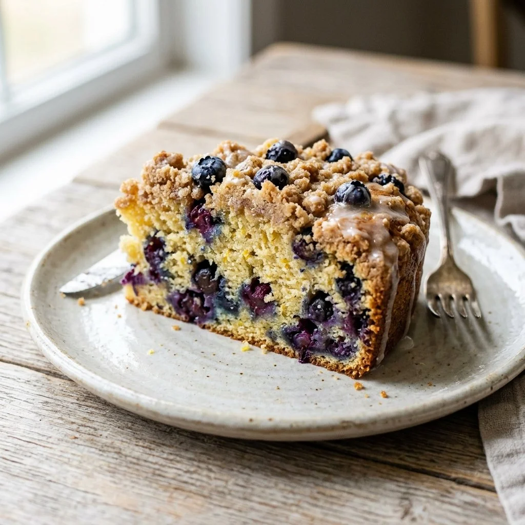 Blueberry Lemon Coffee Cake with fresh blueberries and lemon zest on a plate.