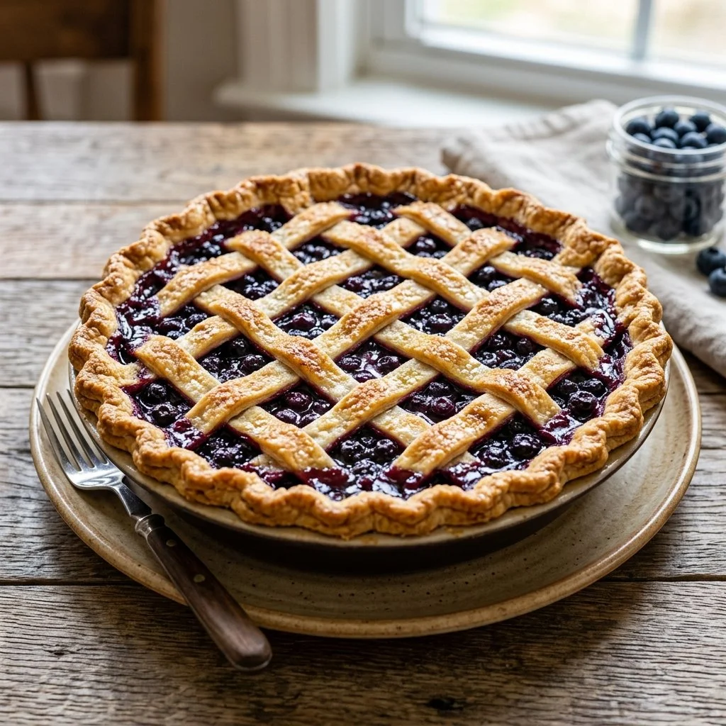 Freshly baked blueberry pie with a golden crust and juicy filling