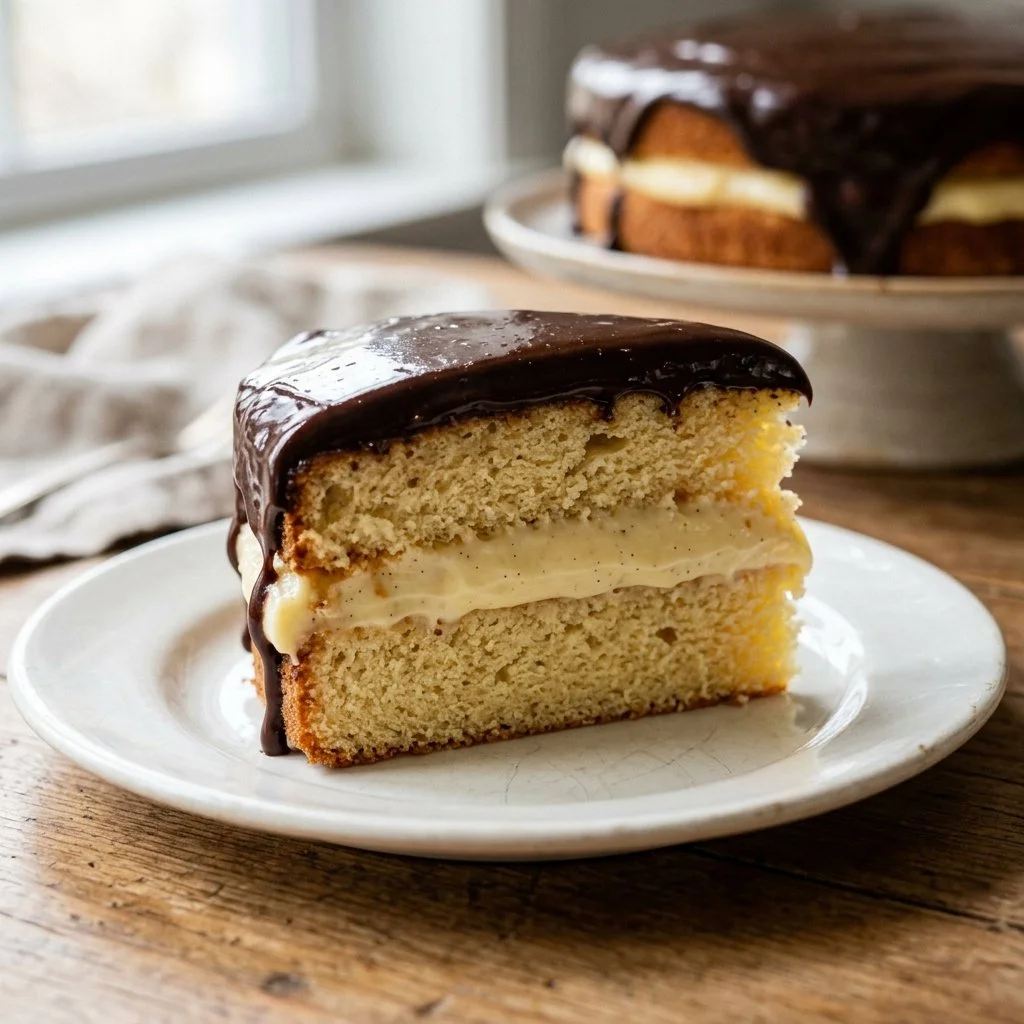 Delicious Boston Cream Pie with chocolate glaze and vanilla custard filling