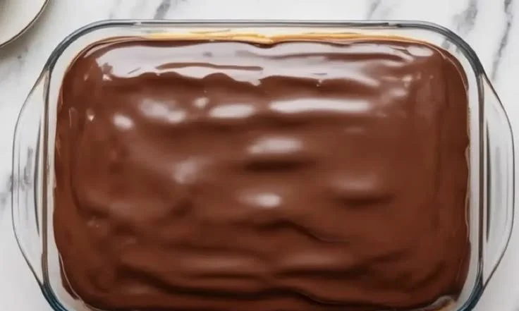 Boston Cream Pie-inspired poke cake topped with chocolate and cream filling
