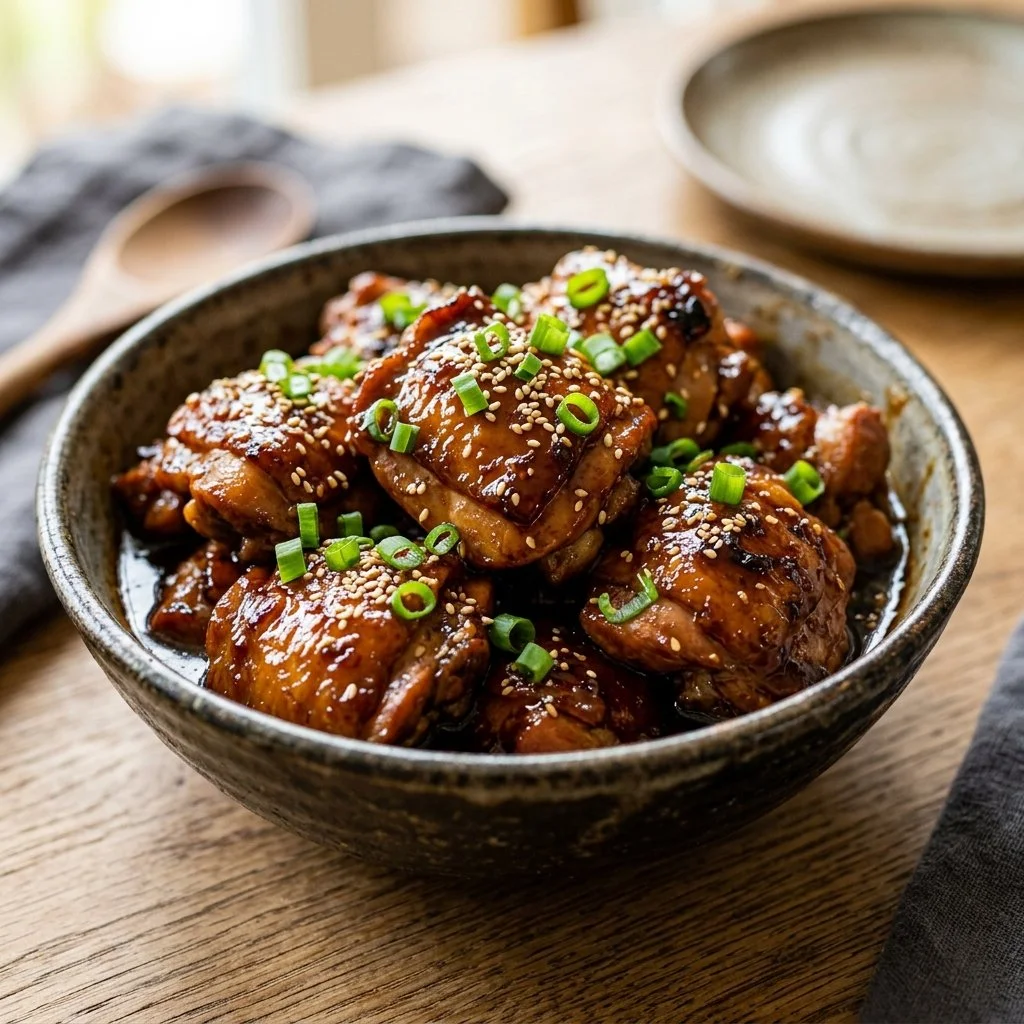 A plate of savory Bourbon Chicken, garnished and ready to serve.