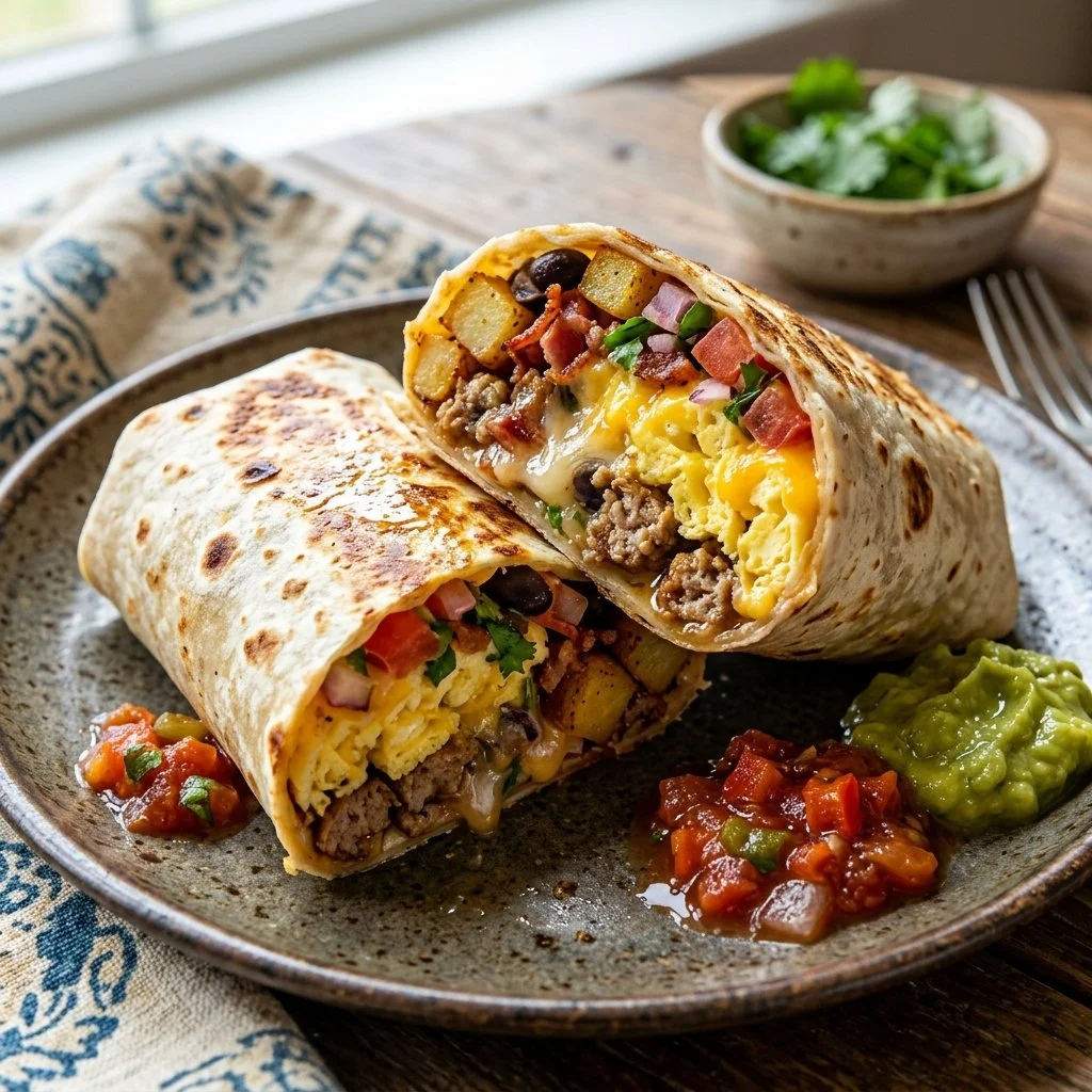 Delicious breakfast burritos with eggs, cheese, and fresh vegetables