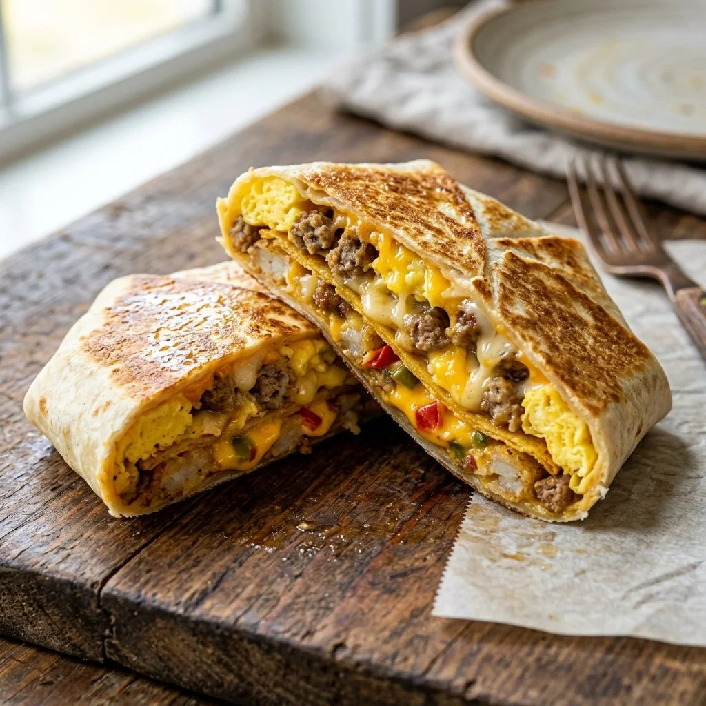 Breakfast Crunchwrap Supreme with eggs, cheese, and toppings wrapped in a tortilla