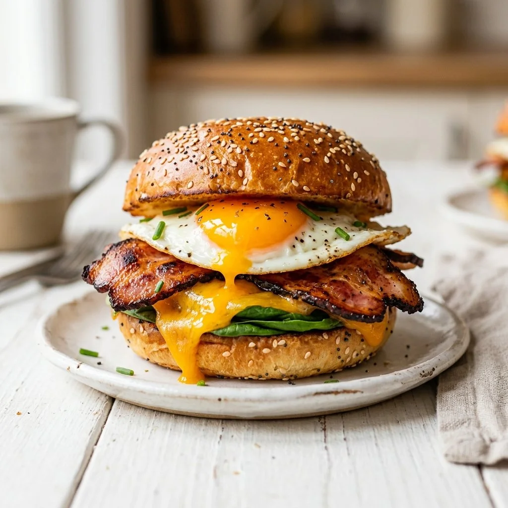 Delicious breakfast sandwich with eggs, cheese, and bacon on a toasted bun