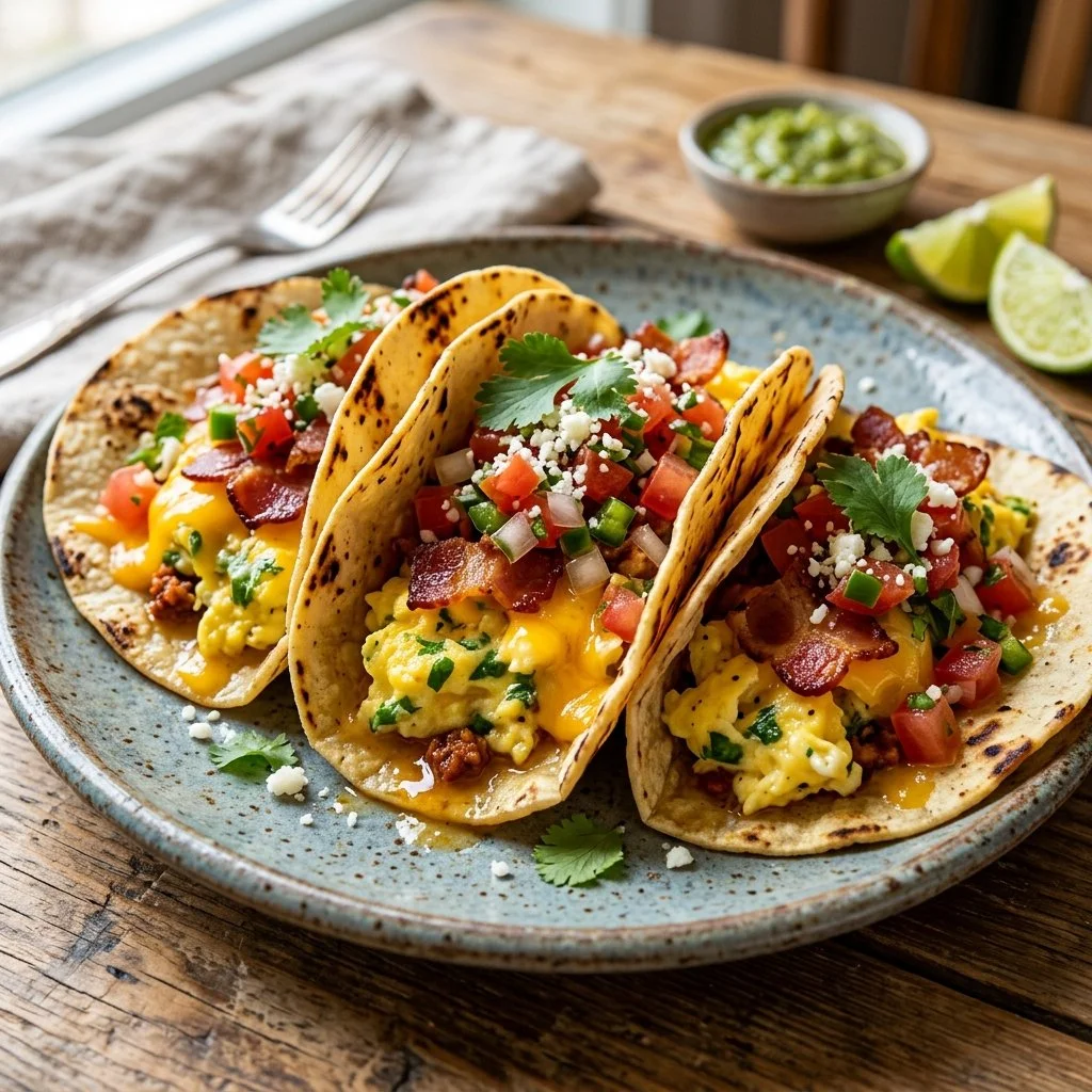 Delicious breakfast tacos filled with eggs, cheese, and fresh toppings