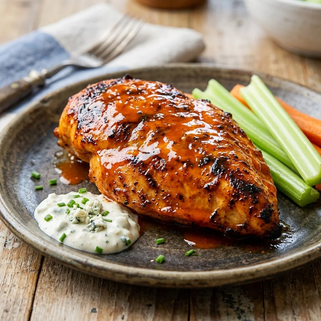 Deliciously baked Buffalo Chicken Breast served with dipping sauce
