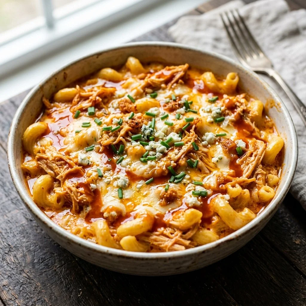 Delicious Buffalo Chicken Mac and Cheese served in a bowl