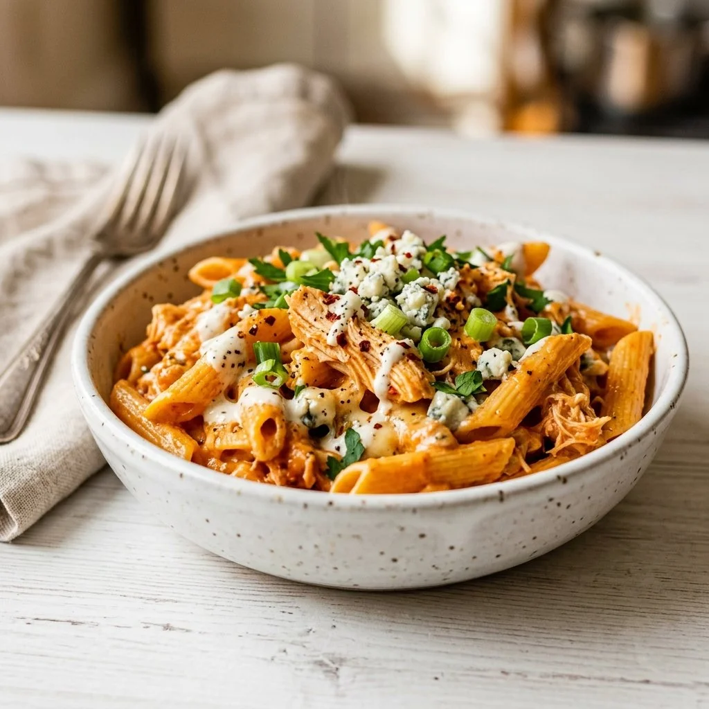 A delicious bowl of creamy Buffalo Chicken Pasta topped with herbs and cheese.
