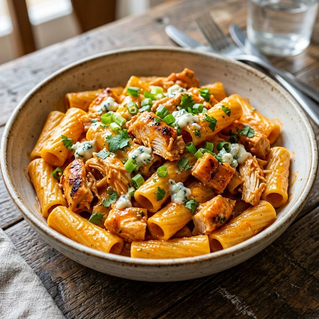 Delicious Buffalo Chicken Pasta served in a bowl with garnishes