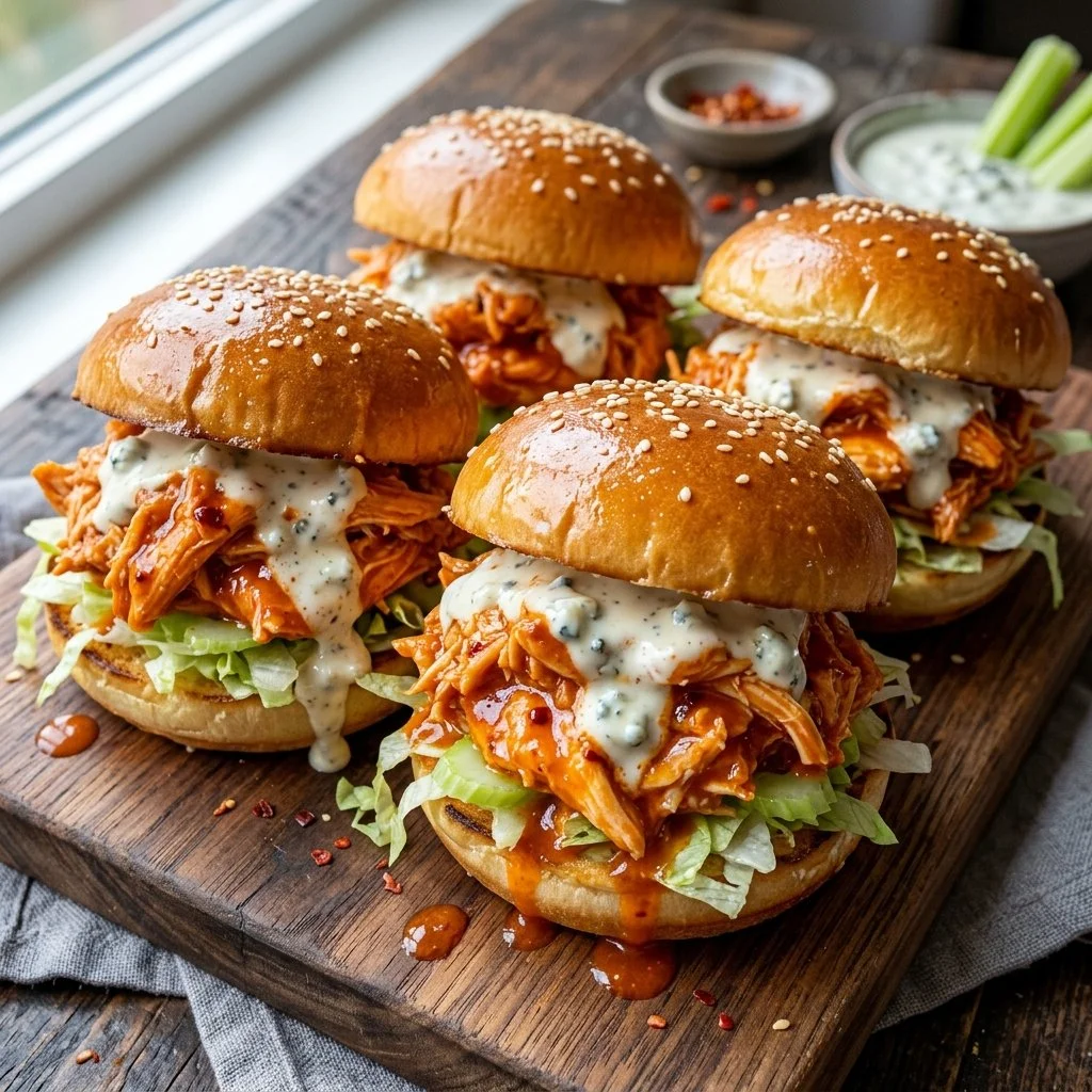 Buffalo Chicken Sliders served on a platter with ranch dressing