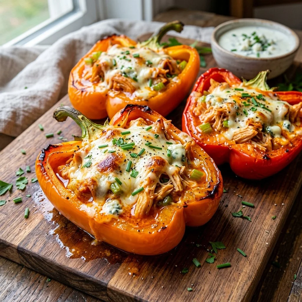 Buffalo Chicken Stuffed Peppers filled with spicy chicken and cheese