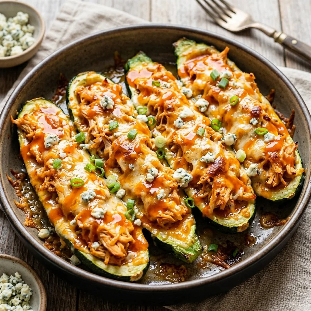 Buffalo Chicken Stuffed Zucchini on a plate garnished with herbs