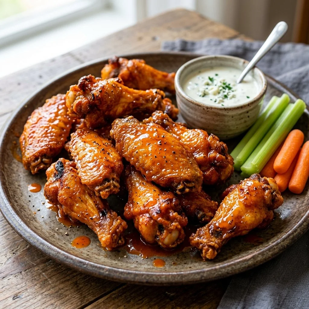 Delicious Buffalo Chicken Wings served with blue cheese dip and celery sticks.