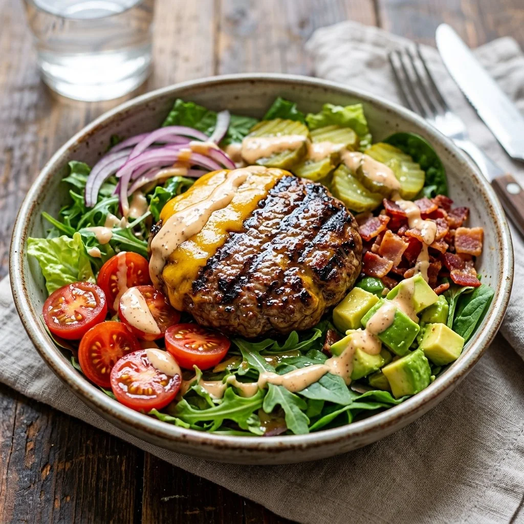 Colorful burger salad bowls with fresh ingredients and toppings