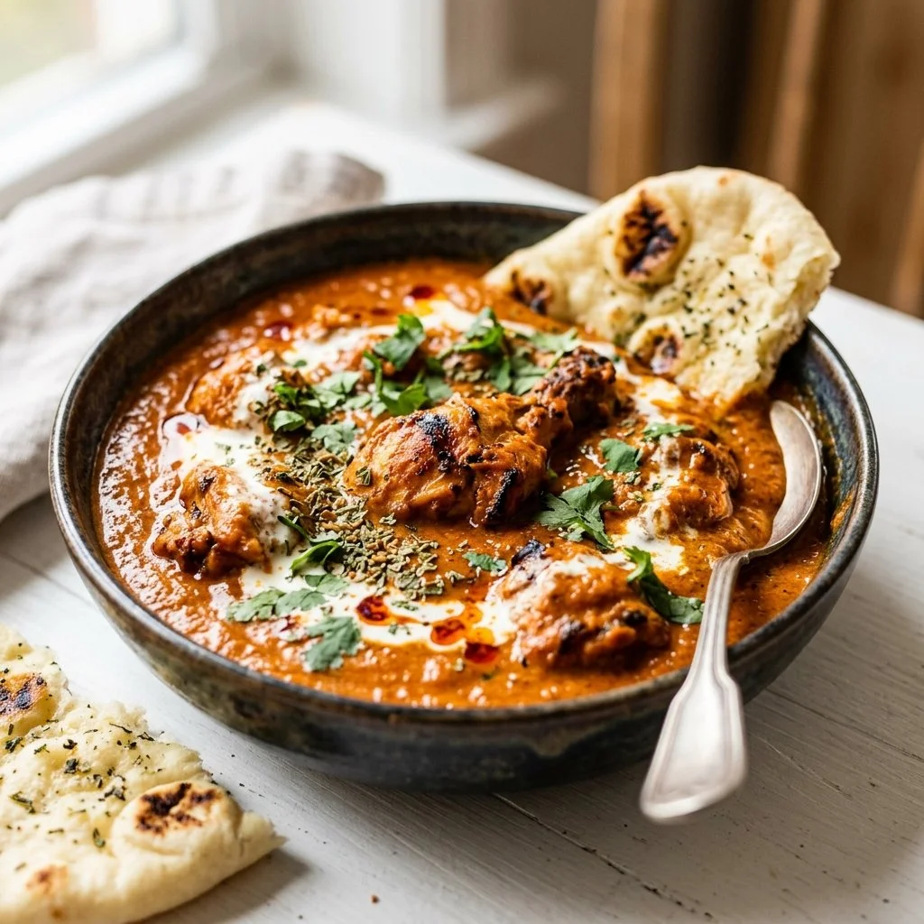 Delicious butter chicken served with rice and naan bread