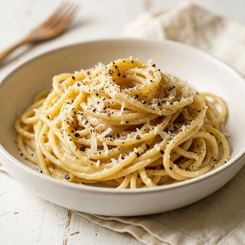 Delicious Cacio e Pepe pasta with cheese and pepper served in a bowl