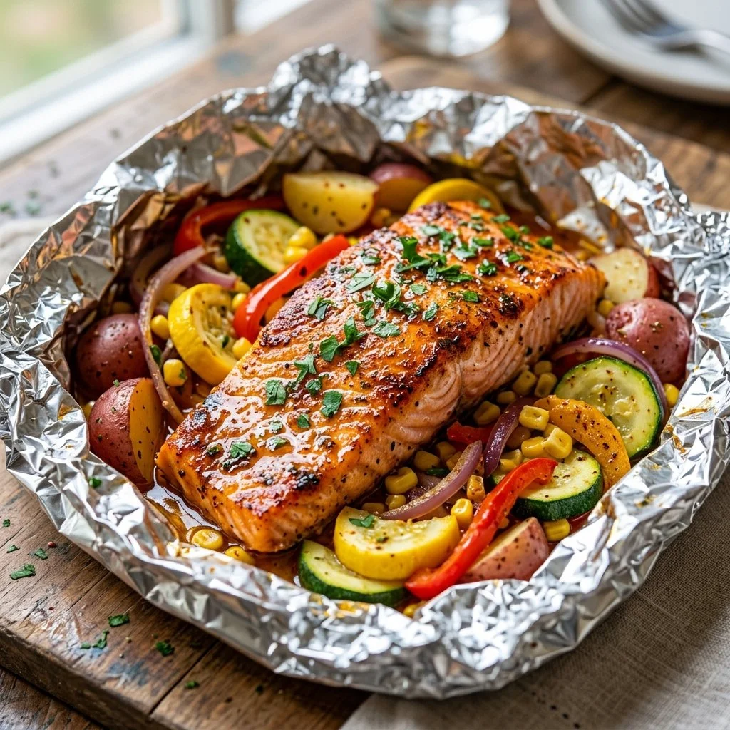 Cajun salmon foil packets ready for grilling with vegetables