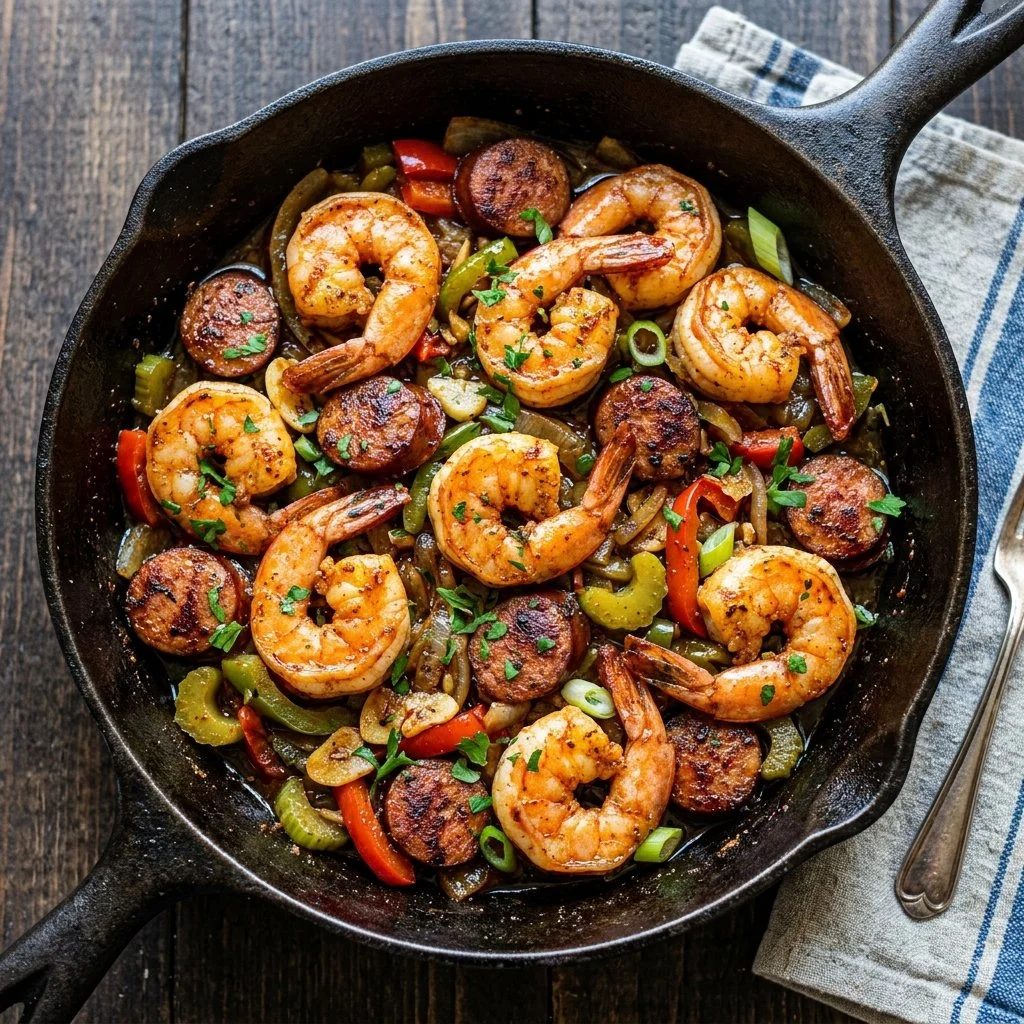 Cajun shrimp and sausage skillet dish served in a cast iron pan