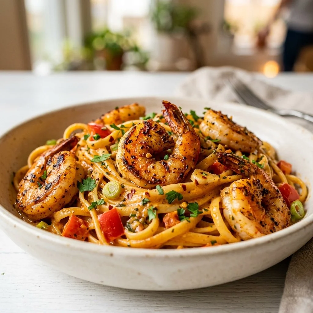 Delicious bowl of Cajun Shrimp Pasta with shrimp, spices, and creamy sauce.