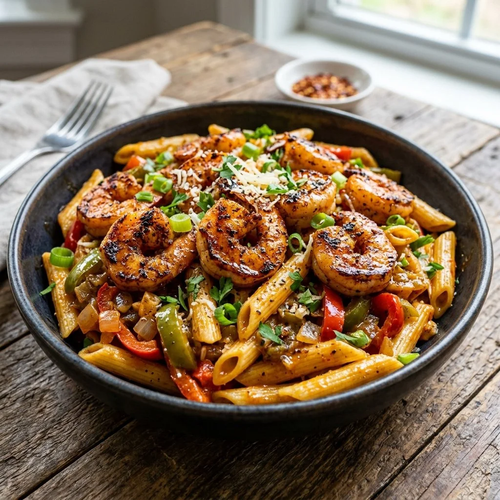 Delicious Cajun shrimp pasta served with vibrant colors and fresh ingredients.