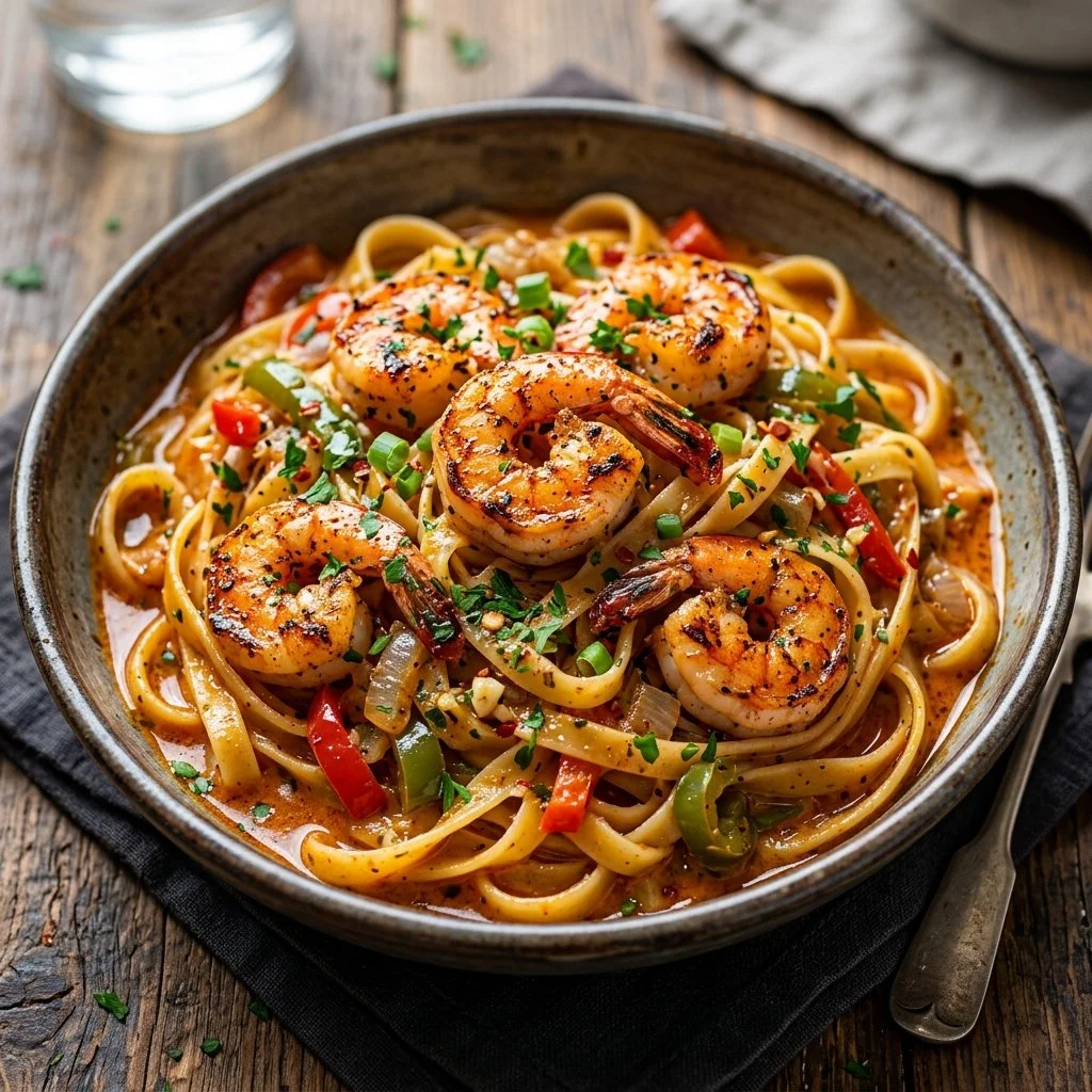 Delicious Cajun Shrimp Pasta with spices and fresh shrimp served in a bowl.