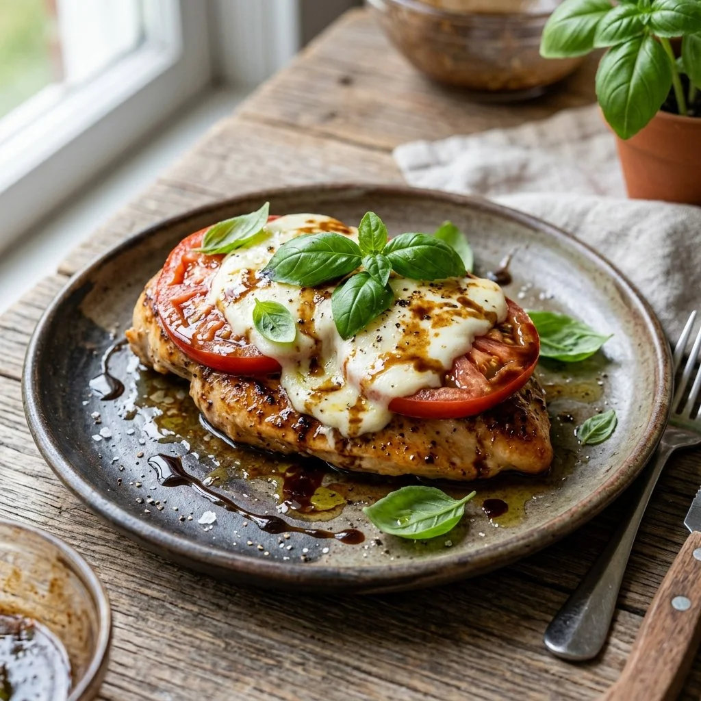 Delicious Caprese Chicken with tomatoes, mozzarella, and basil sauce