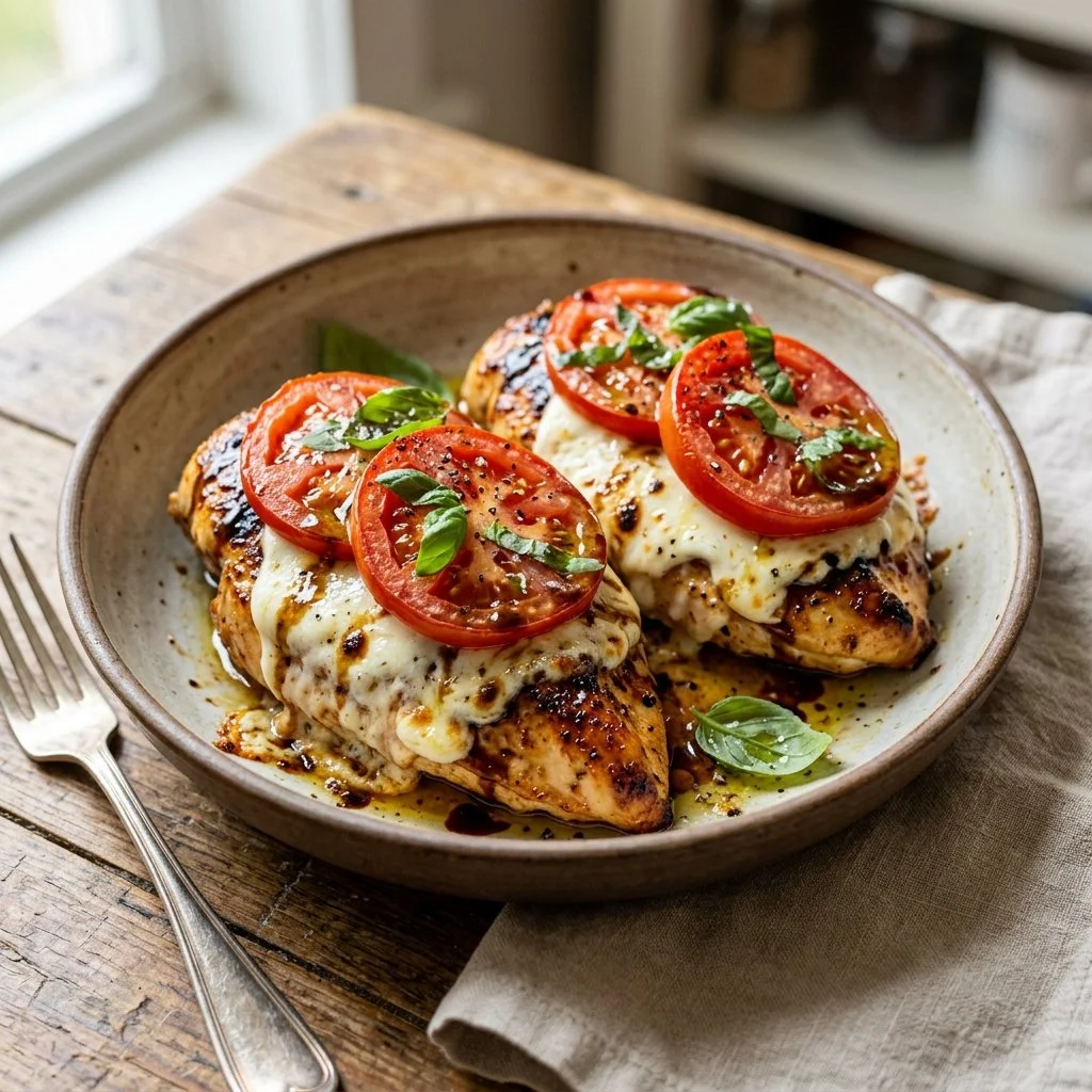 Succulent Caprese Chicken Breasts topped with fresh tomatoes and mozzarella
