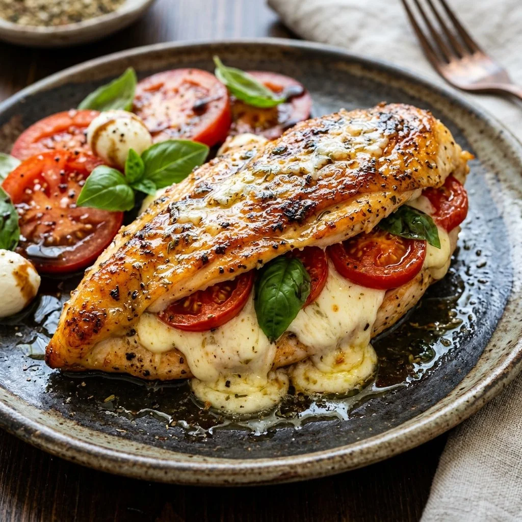 Delicious Caprese Stuffed Chicken Breast with mozzarella and tomatoes