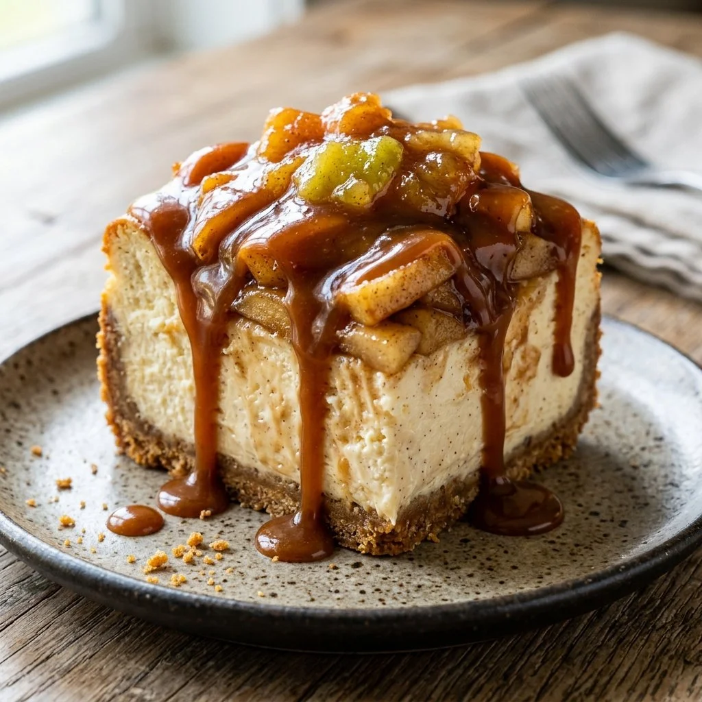 Delicious Caramel Apple Cheesecake topped with caramel and apple slices