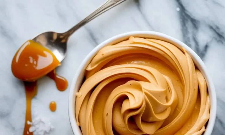 Delicious caramel buttercream frosting swirled on a cupcake