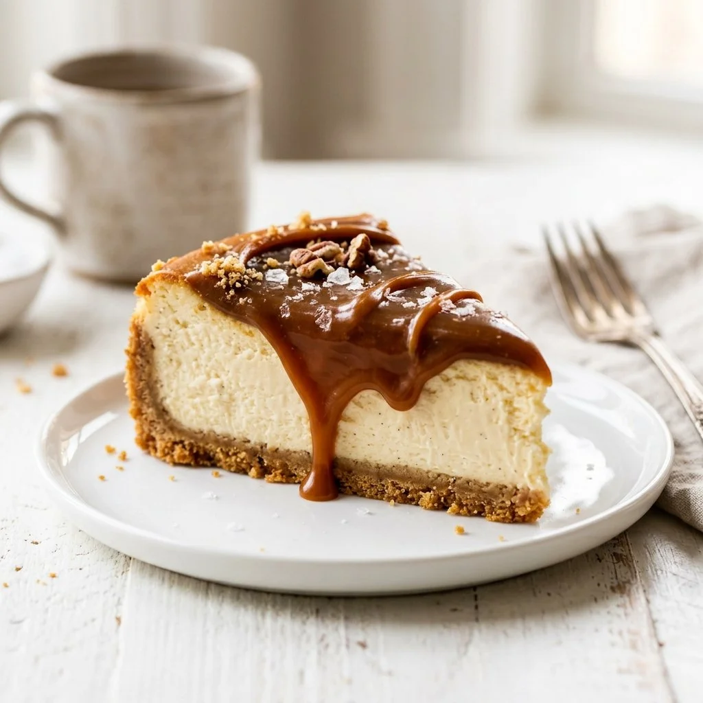 Decadent Caramel Cheesecake with a glossy caramel topping and creamy texture.