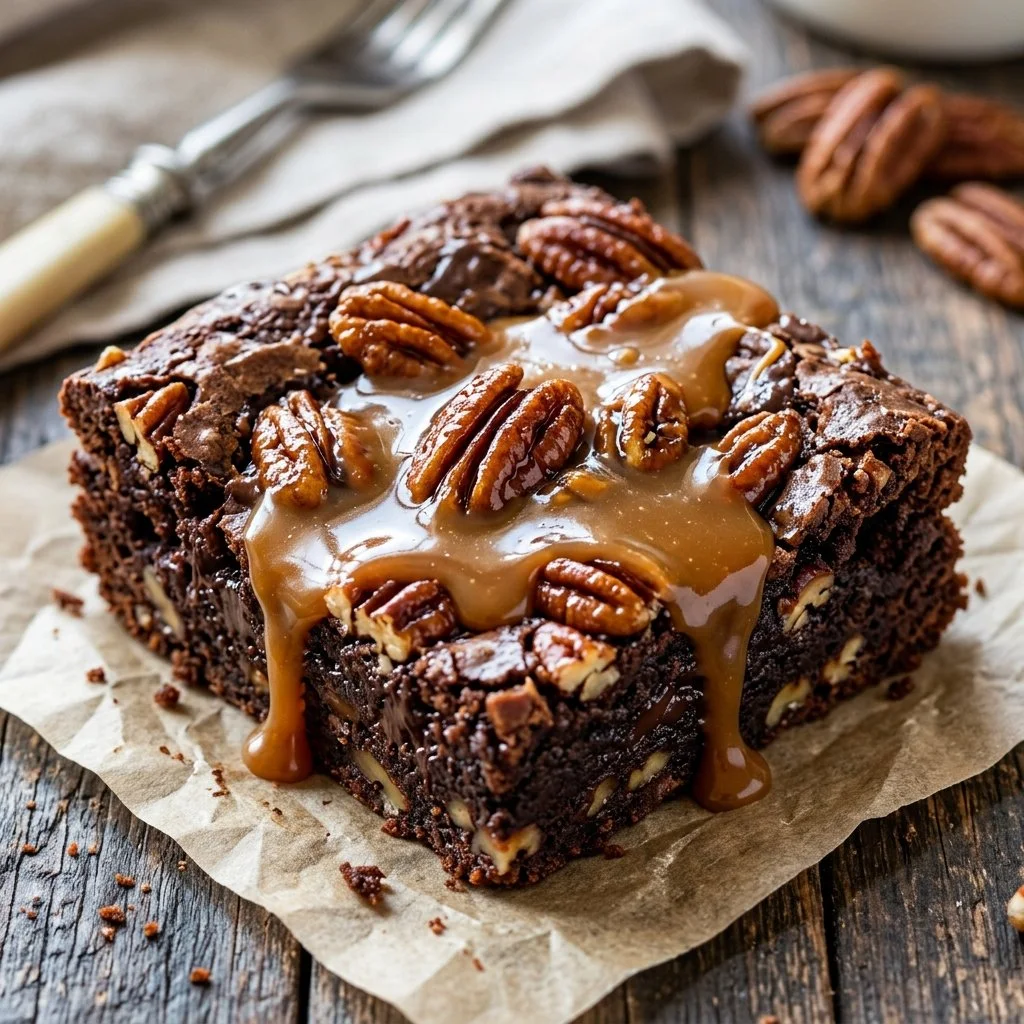 Delicious caramel pecan brownies topped with melted chocolate and pecans