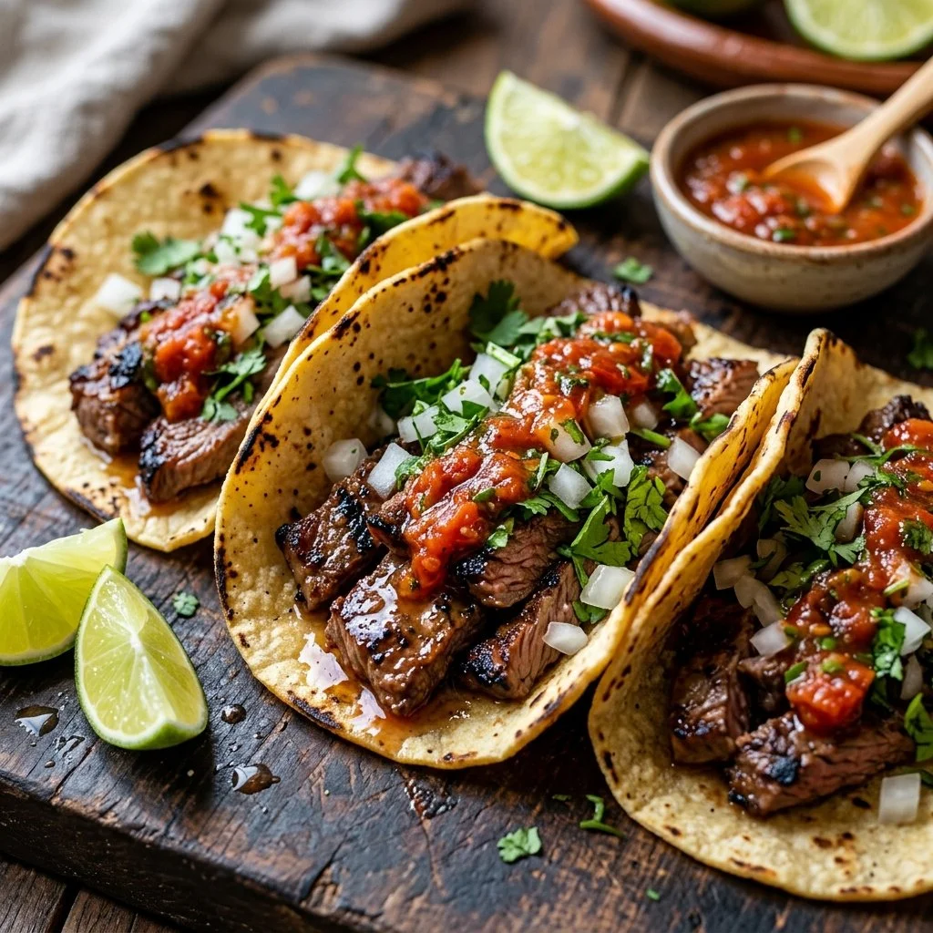 Delicious carne asada street tacos served with fresh toppings