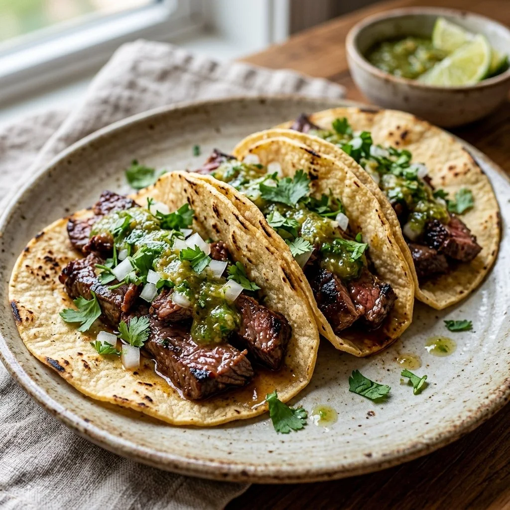 Delicious Carne Asada Tacos with grilled beef, fresh cilantro, and lime