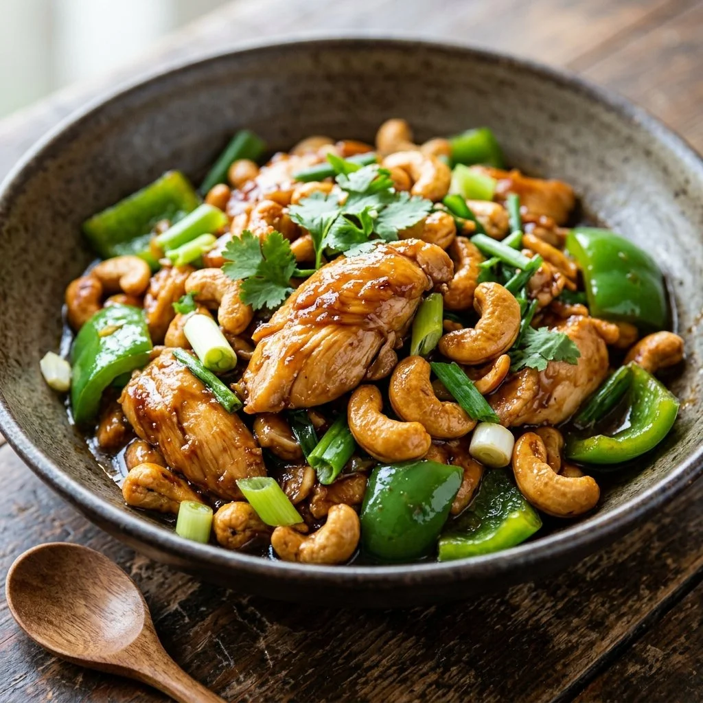 Delicious homemade Cashew Chicken served with colorful vegetables