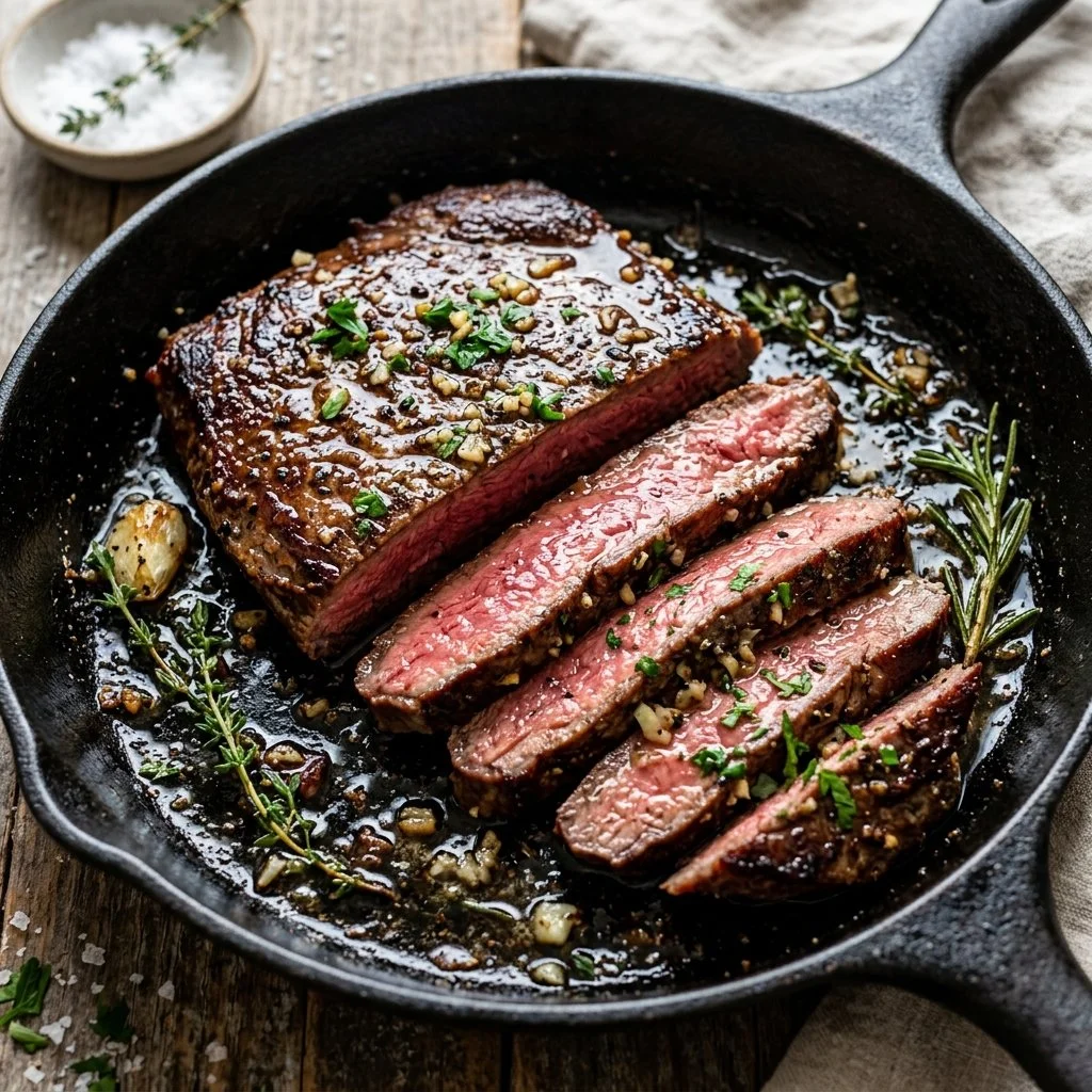 Cast Iron Flank Steak sizzling in a skillet with herbs and spices