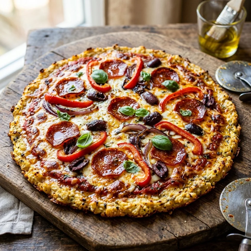 Healthy homemade cauliflower crust pizza with fresh toppings