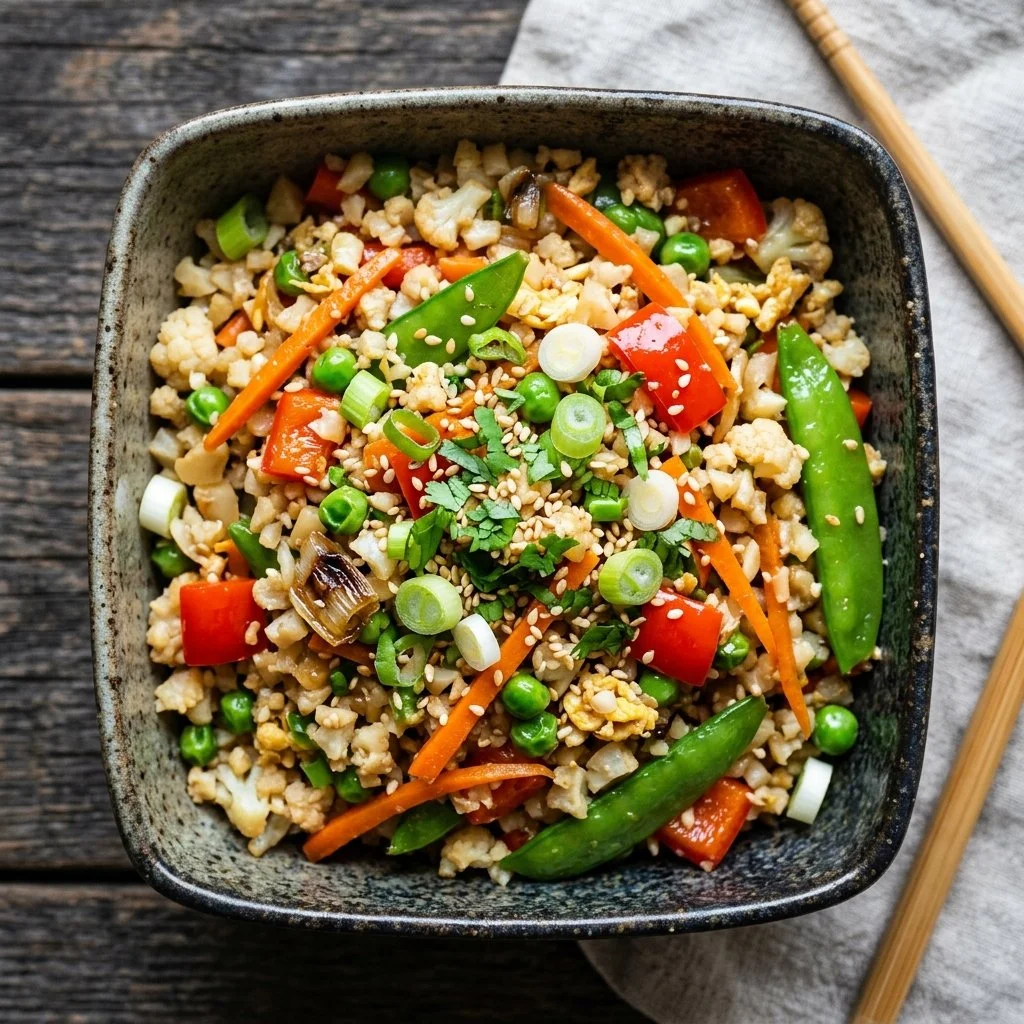 Colorful vegetable cauliflower rice stir fry served in a bowl