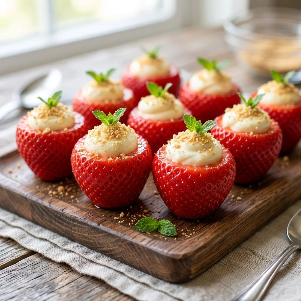 Delicious cheesecake stuffed strawberries on a white plate