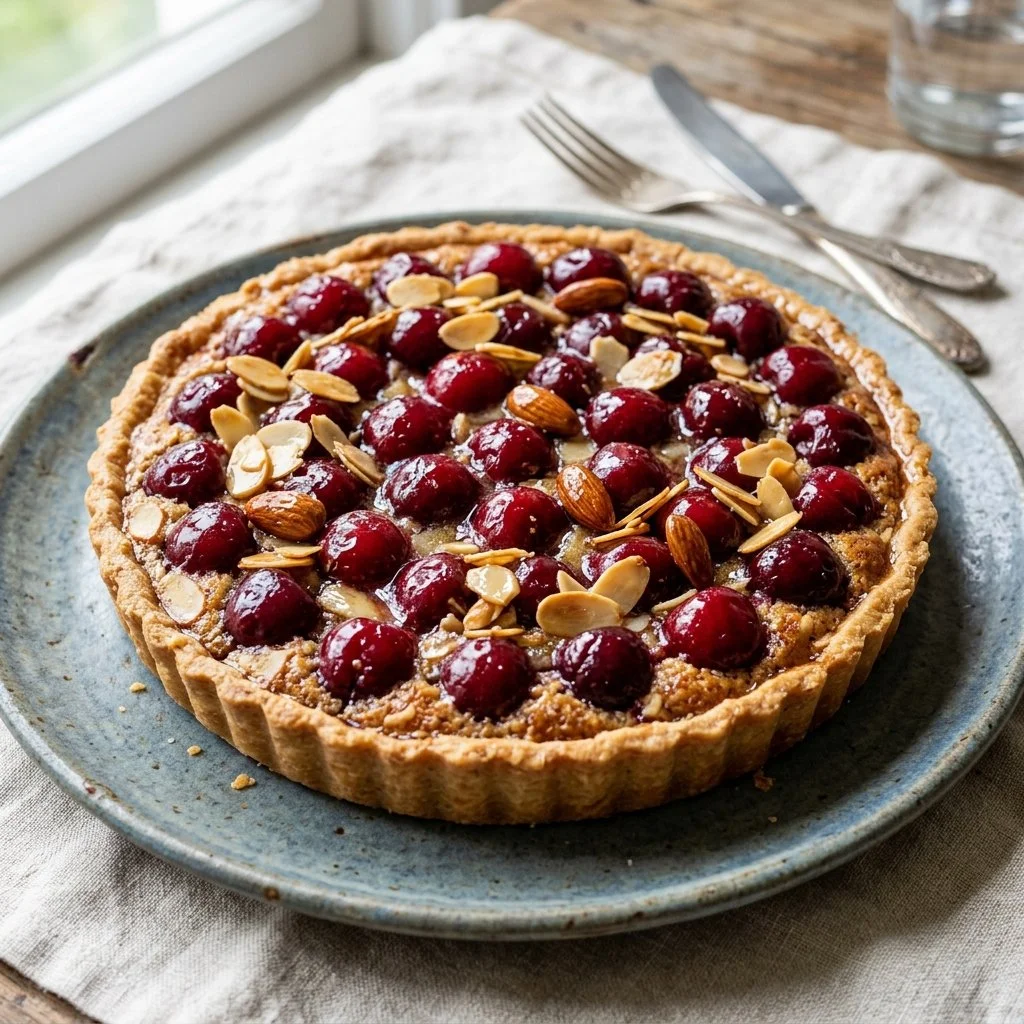 Delicious homemade cherry almond tart on a wooden table.