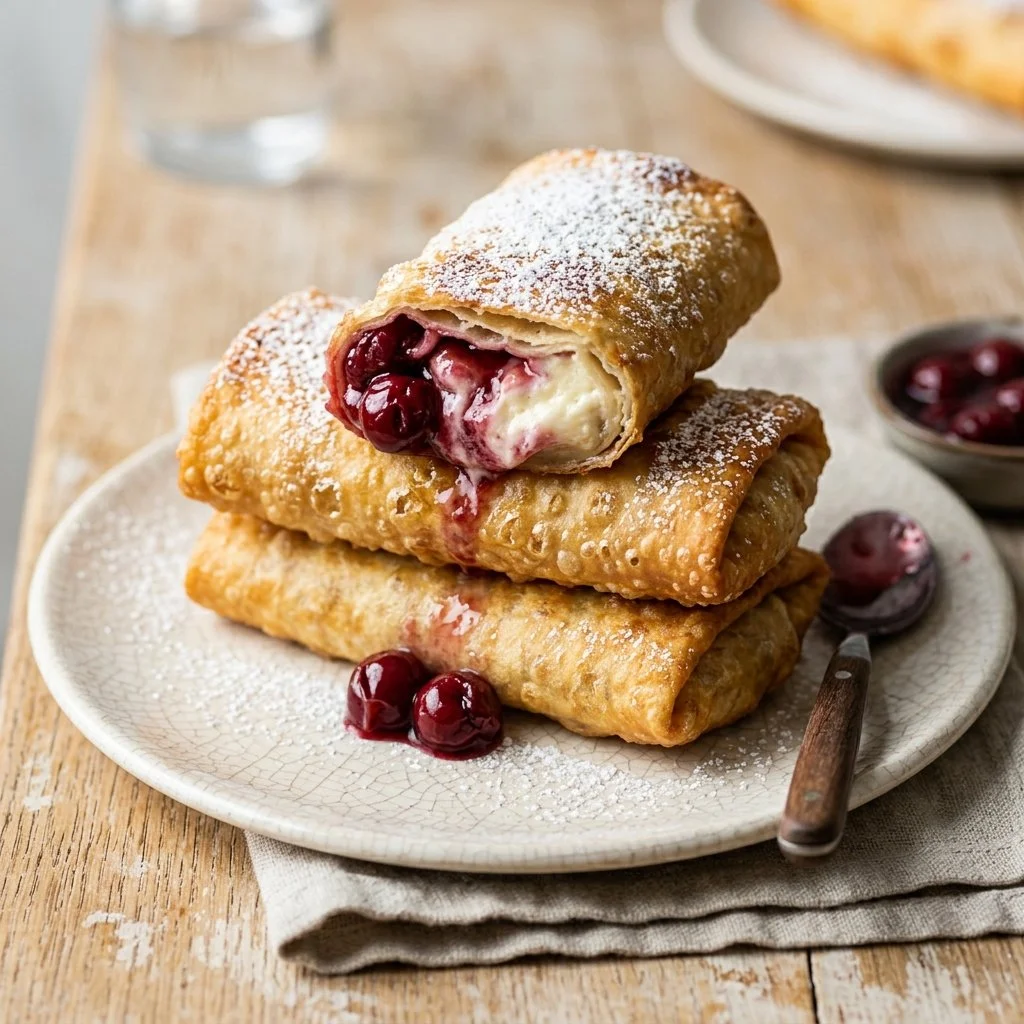 Delicious homemade cherry cheesecake chimichangas with a crispy exterior