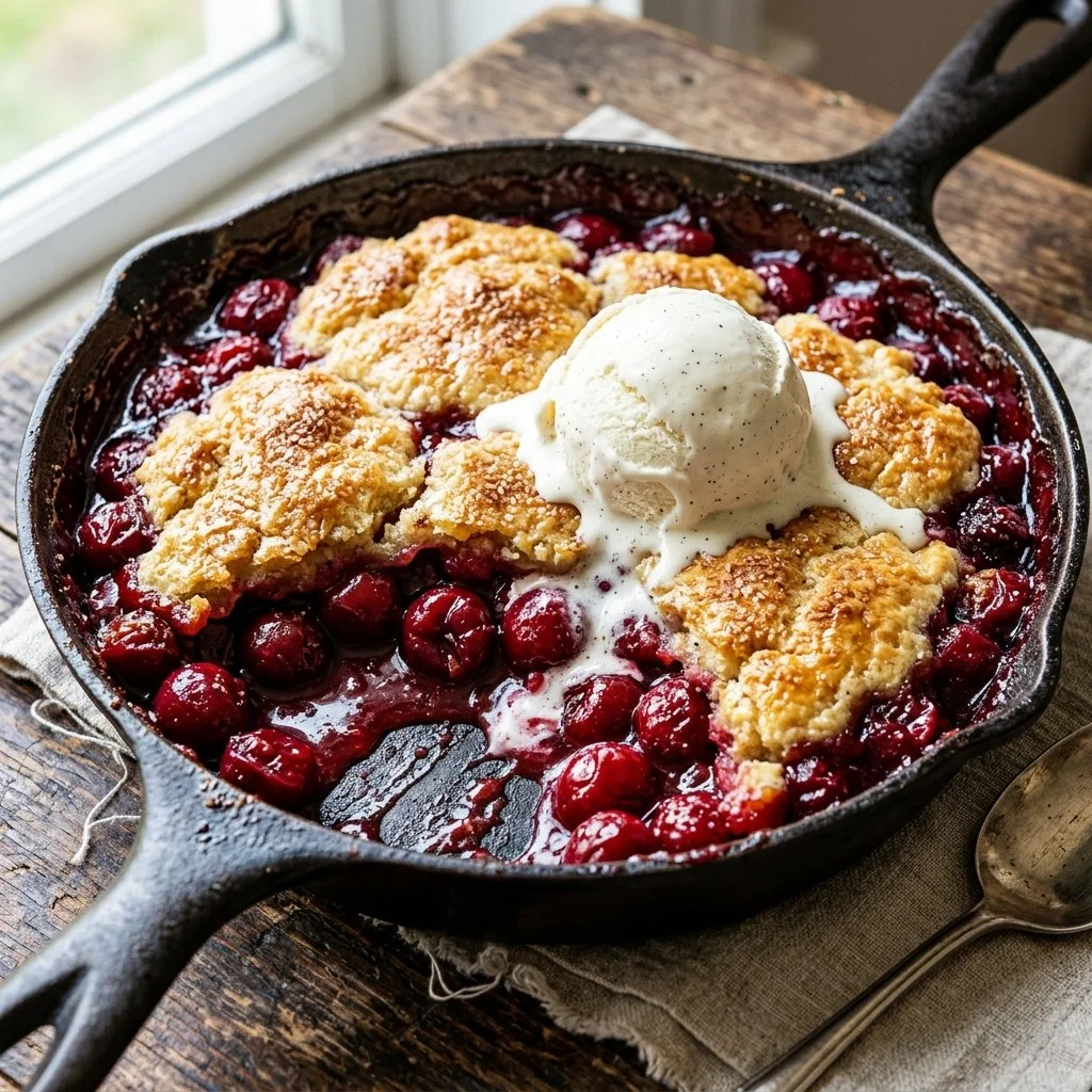 Delicious homemade Cherry Cobbler served in a porcelain dish.
