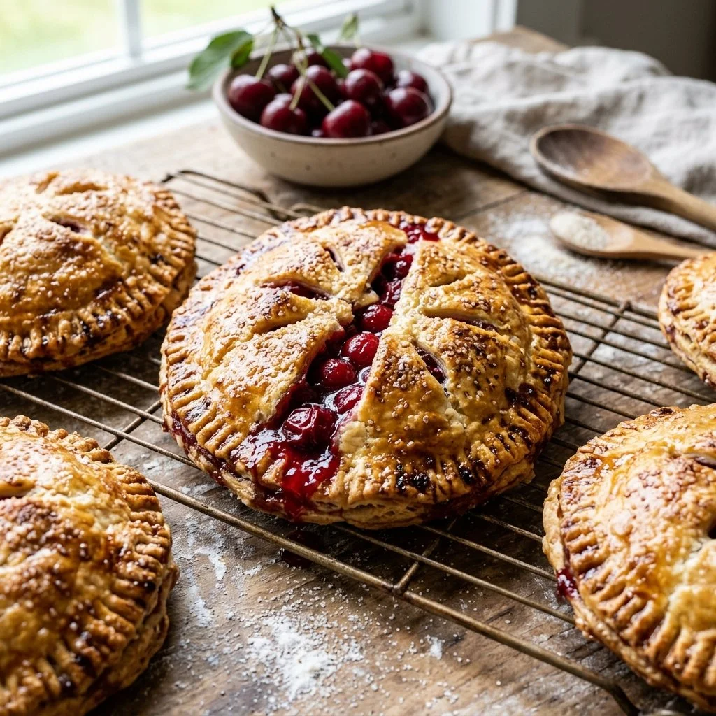 Freshly baked cherry hand pies on a rustic wooden table.