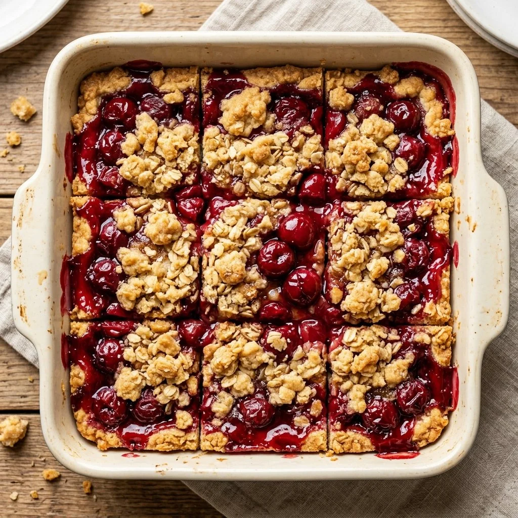 Delicious cherry pie bars topped with fresh cherries and a crumbly crust