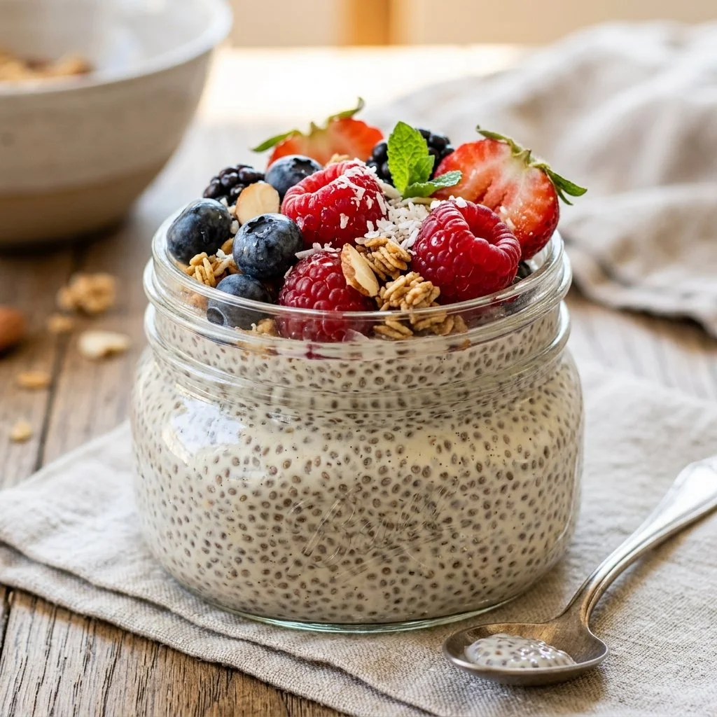Delicious chia seed pudding topped with fresh berries and nuts