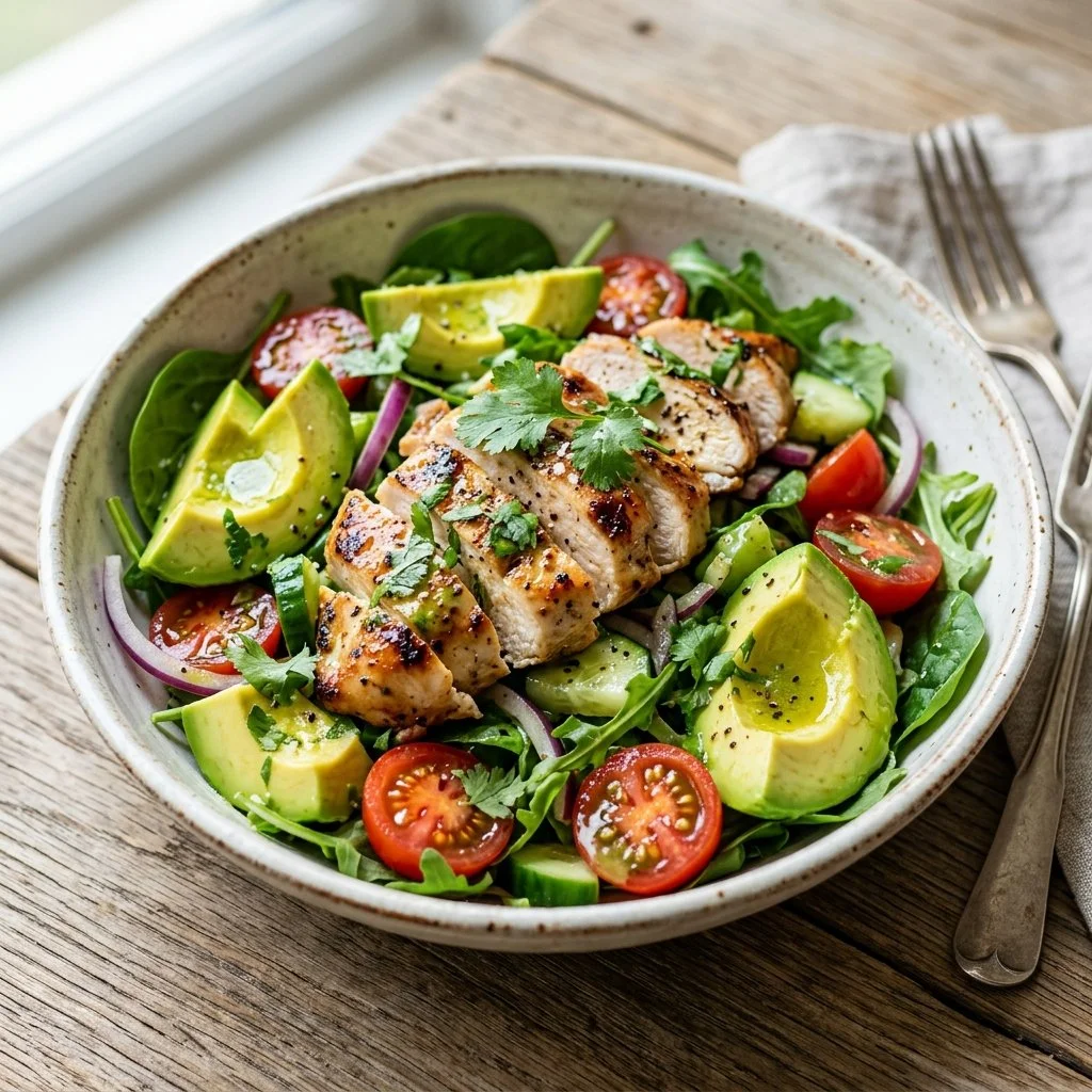 Delicious Chicken Avocado Salad with fresh ingredients and dressing