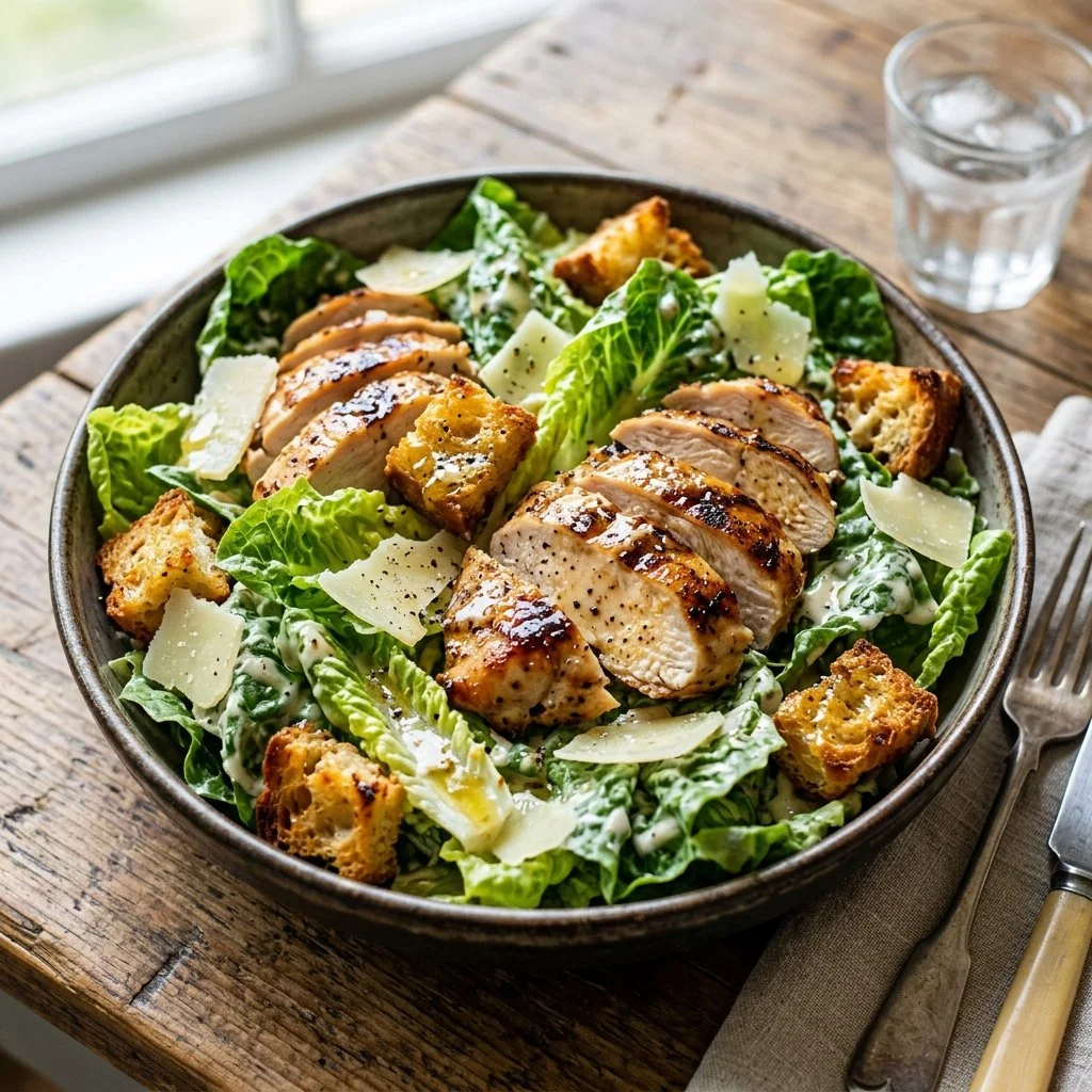 Delicious Chicken Caesar Salad with grilled chicken, romaine lettuce, and Caesar dressing